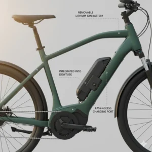 Close-up diagram of a step through electric bike highlighting the integrated battery and mid-drive motor system.