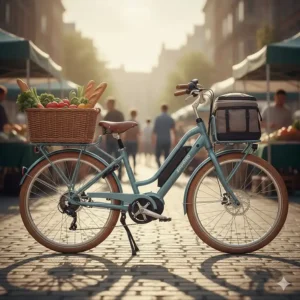 A step through electric cargo bike with a rear rack and baskets full of fresh groceries.