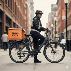 Illustration of a step-through frame electric bike allowing for easy mounting and dismounting during food drops.