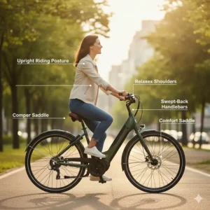 A side view of a rider demonstrating the ergonomic upright riding position on a step through electric bike.
