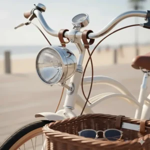A close-up illustration of a vintage style electric bike featuring retro frame lines, leather grips, and a classic headlight.