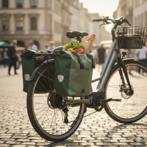 Waterproof pannier bags attached to an electric bike for organized grocery hauling.