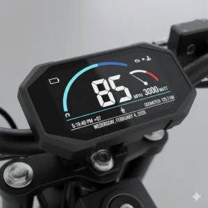Graphic representation of a digital display showing the top speed of a 3000 watt electric bike.