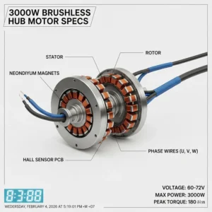 Detailed technical diagram of a 3000 watt brushless hub motor for an electric bike.