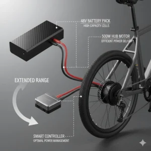 Illustration of a 48V battery paired with a 500 watt electric bike motor for optimal range.