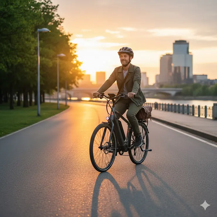 A person riding a 500 watt electric bike on a paved city path during sunset.