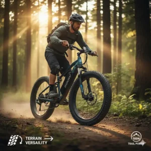 Illustration of a 500 watt electric bike with fat tires handling a light off-road trail.