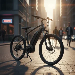 A sleek, matte black 5000 watt electric bike parked in an urban city setting.