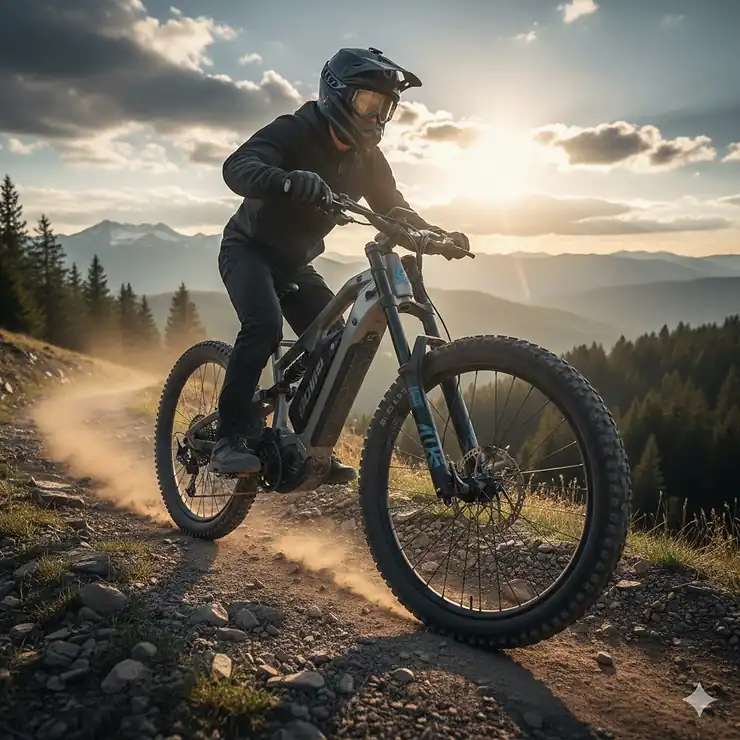 A high-performance 5000 watt electric bike navigating a rugged mountain trail at sunset.