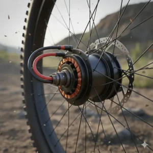 Close-up illustration of a high-torque 5000 watt brushless rear hub motor on an electric bike.