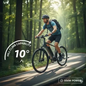 Graphic depicting a 500 watt electric bike ascending a 10-degree incline.