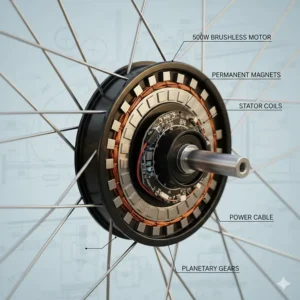 Illustration showing the internal components of a 500 watt electric bike hub motor.