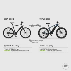 Comparison graphic showing the weight and power efficiency of a 500 watt electric bike.