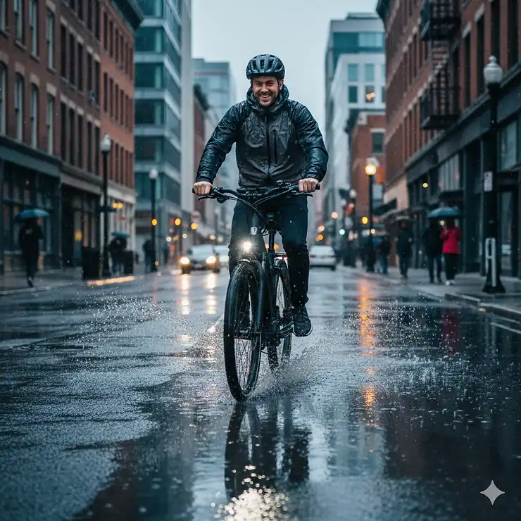 A person riding a commuter electric bike through a puddle on a rainy city street. electric bike for rain