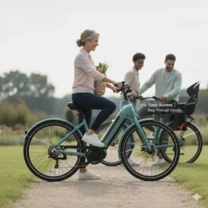 Easy-access step-through frame design on a comfortable electric bike for effortless mounting.