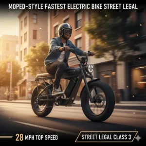 A commuter riding the fastest electric bike street legal through a busy metropolitan intersection.