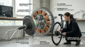 Detailed view of a compact 250W rear hub motor designed for electric bikes under 60 pounds.