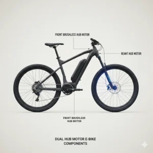 Detailed illustration highlighting the front and rear brushless hub motors on an AWD electric bicycle.