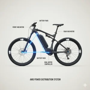 Illustration showing how power is distributed between the front and rear wheels of a dual motor electric bike for better traction.