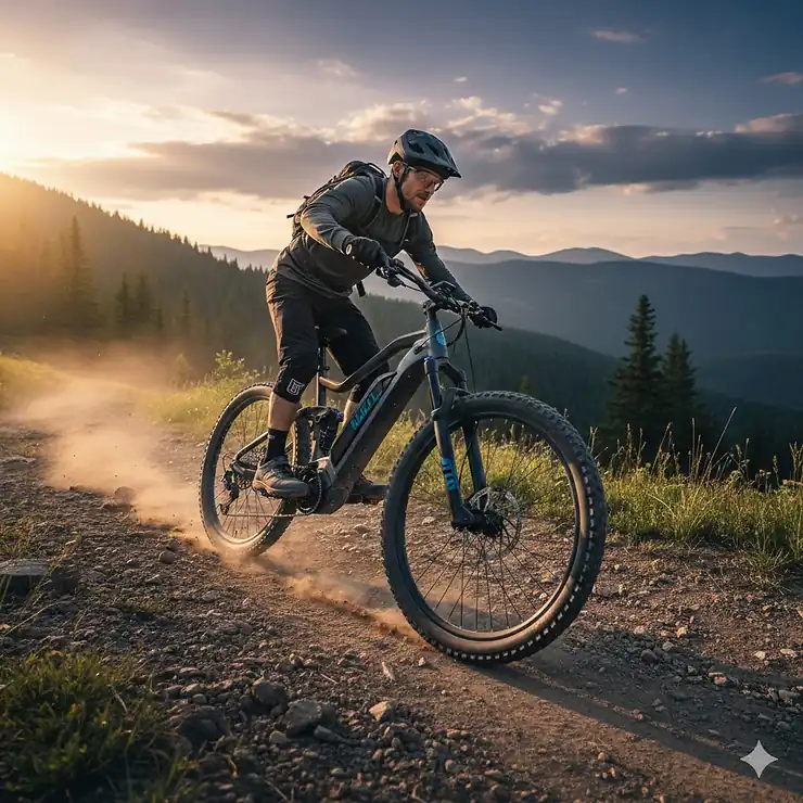 A high-performance dual motor electric bike climbing a steep dirt trail, showcasing its front and rear hub motors.