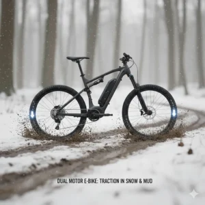 Illustration of a dual motor electric bike maintaining grip and stability while riding through deep snow and mud.