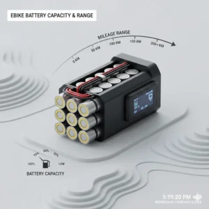 Illustration showing the battery life and mileage range of a 3000 watt electric bike system.