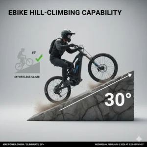 Infographic showing a 3000 watt electric bike easily climbing a steep 30-degree incline.