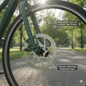 Responsive hydraulic disc brakes providing smooth, effortless stopping power on a luxury comfort e-bike.