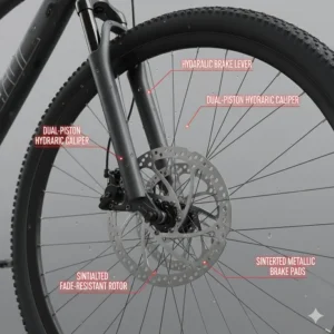 Detailed view of a high-performance hydraulic disc brake system for consistent stopping power.