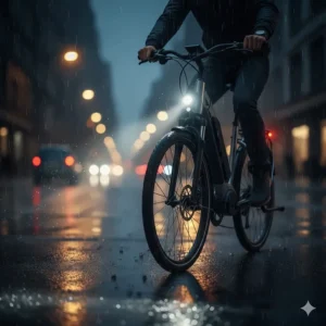 Bright integrated LED headlights on an e-bike illuminating a dark, rainy road.