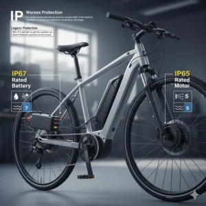 A diagram explaining IP waterproof ratings for electric bike motors and batteries.