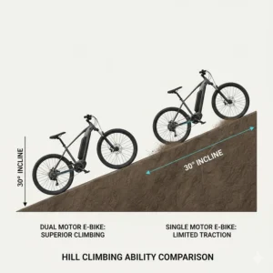 A side-by-side comparison illustration showing a dual motor e-bike easily ascending a 30-degree incline versus a single motor bike.