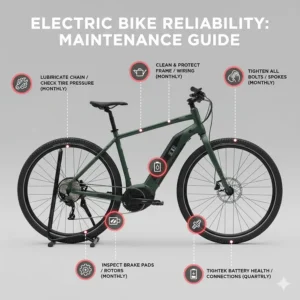 Infographic showing simple maintenance steps to keep an electric bike running reliably for years.