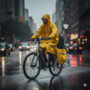 A rider wearing a waterproof poncho designed specifically for electric bike commuting.