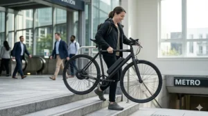 A man carrying a sleek electric bike under 60 pounds up subway stairs.