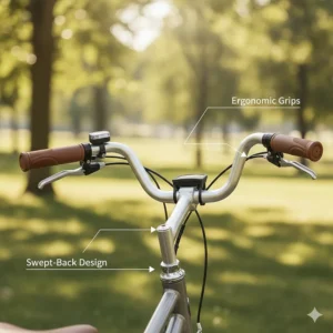 Swept-back ergonomic handlebars designed to reduce wrist strain on comfortable electric bicycles.
