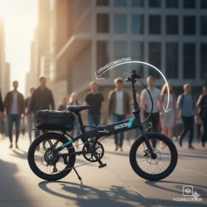 Line art illustration of a compact folding 500 watt electric bike for urban commuting.