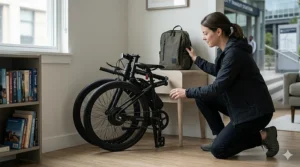 Compact folding electric bike weighing under 60 pounds stored in a small apartment corner.