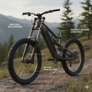 Side view of a reinforced carbon steel frame and dual suspension for a 5000 watt electric bike.