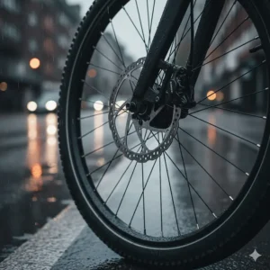 Close-up of hydraulic disc brakes on an electric bike designed for stopping in wet conditions.
