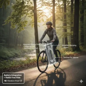 Illustration showing a frame-integrated battery with vibration damping to ensure a rattle-free, quiet electric bike experience.