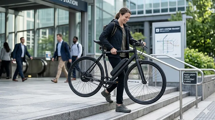A commuter easily lifting a lightweight electric bike under 60 pounds into a vehicle.