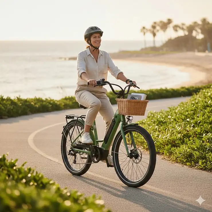 A person riding the most comfortable electric bike with an upright frame and wide tires on a smooth paved path.