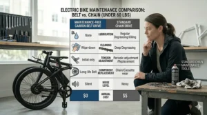 A rider navigating city traffic on a nimble, lightweight electric bike under 60 pounds.