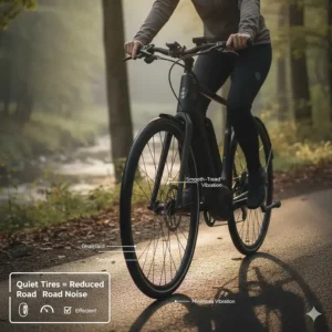 Close-up of smooth-tread tires designed to minimize road friction and noise for the quietest electric bike ride.