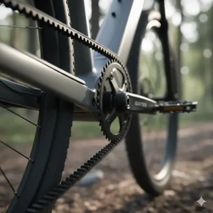Close-up of a Gates Carbon Drive belt on the quietest electric bike, replacing a noisy metal chain.