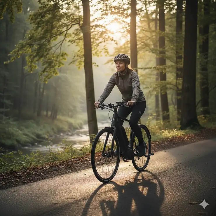 A cyclist riding the quietest electric bike on a paved forest path during a peaceful morning.