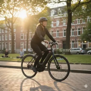 An urban commuter riding a silent electric bike through a quiet residential neighborhood without motor whine.