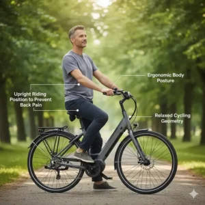 Diagram showing the upright riding geometry of the most comfortable electric bike to prevent back pain.