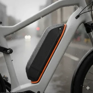 Detailed view of a rubber-sealed battery housing on a rain-ready electric bike.